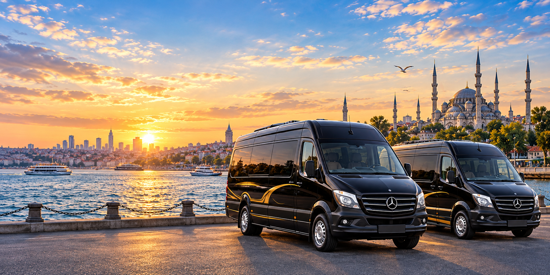 İstanbul kıyısında gün batımında iki siyah servis minibüsü.