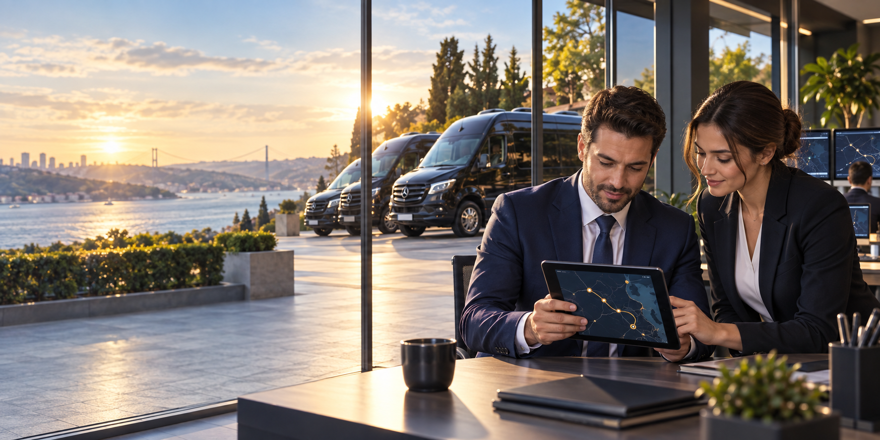 Filo operasyon merkezinde tablet üzerinden güzergâh planlayan ekip.