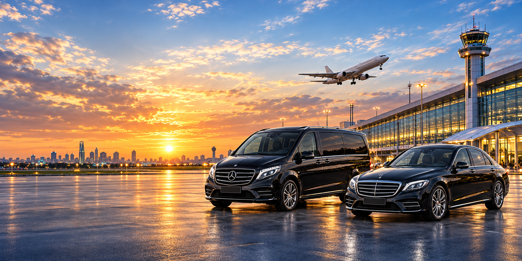 Havalimanında gün batımında siyah VIP minibüs ve sedan.