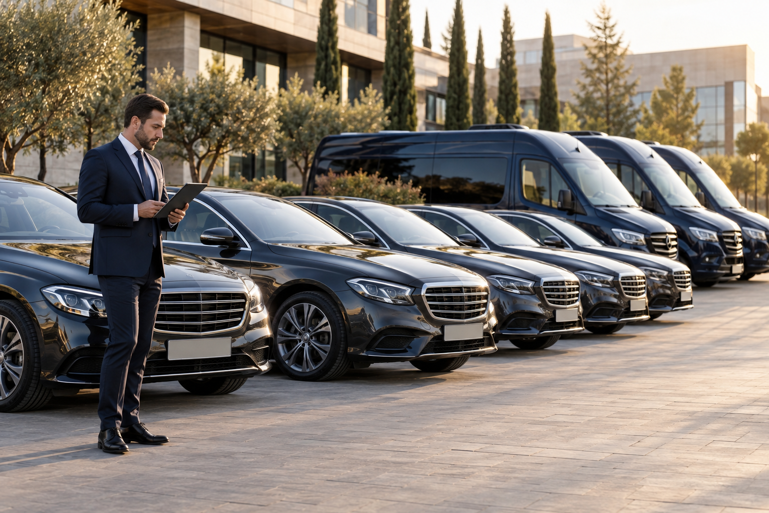 İş merkezinde sedan ve minibüs filosunu kontrol eden görevli.